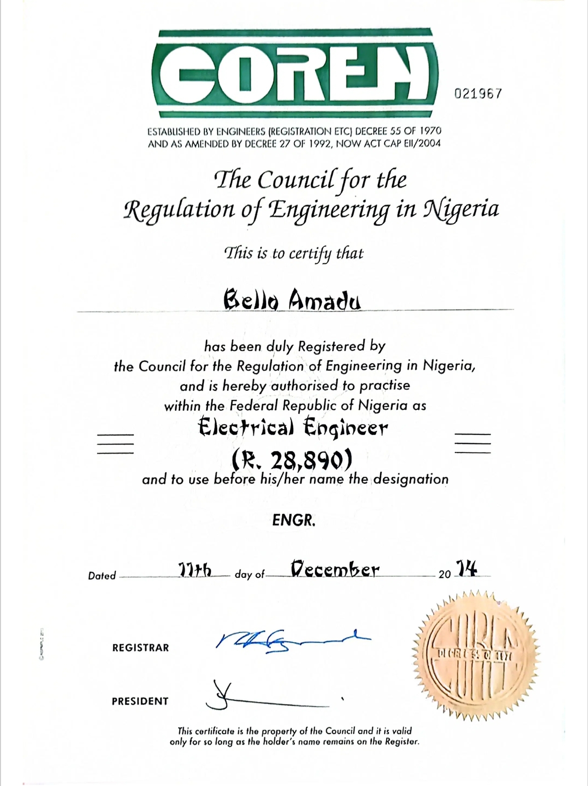 COREN Registration Certificate